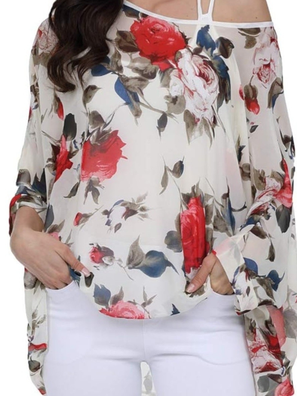 Cold-Shoulder Floral Tunic Top - Red on White
